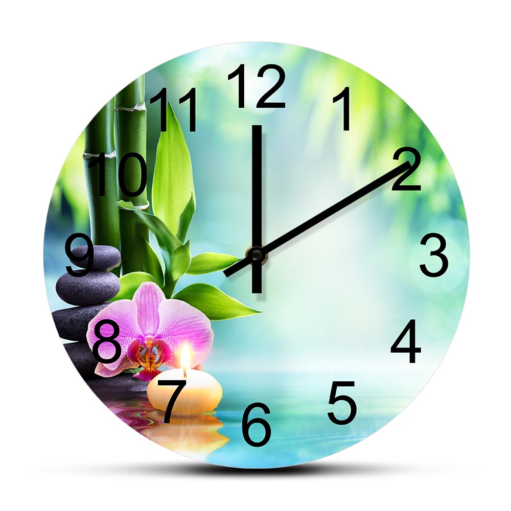 Wellness Spa And Massage - นาฬิกาแขวนผนังเงียบสงบ ลายดอกบัวเซจ สำหรับสปา ร้านเสริมสวย ศูนย์สุขภาพ ห้องนวด
