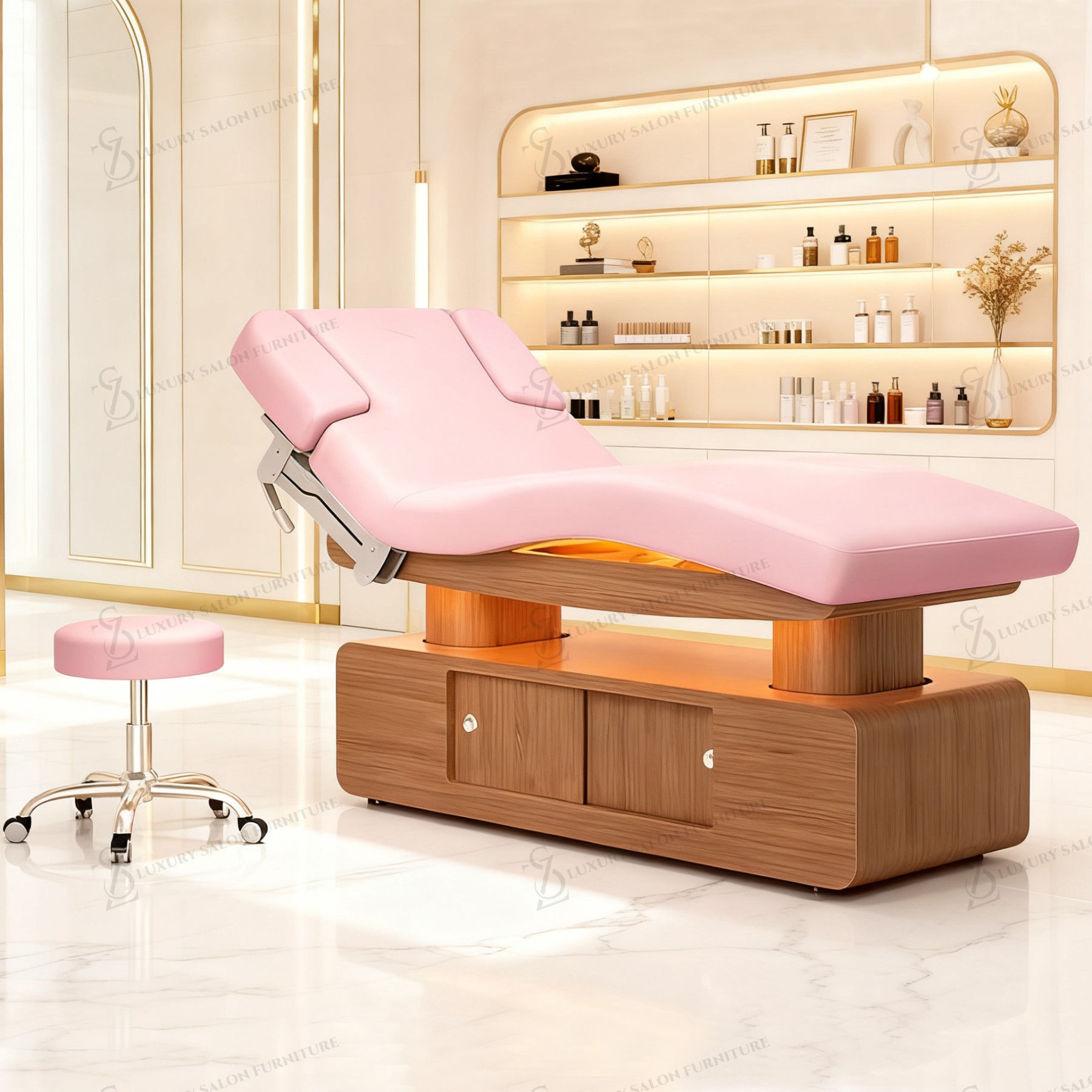Wellness Spa And Massage - เตียงเสริมความงามไฟฟ้าอเนกประสงค์สีชมพู รุ่น Luxury 3/4 Motors สำหรับร้านเสริมสวย